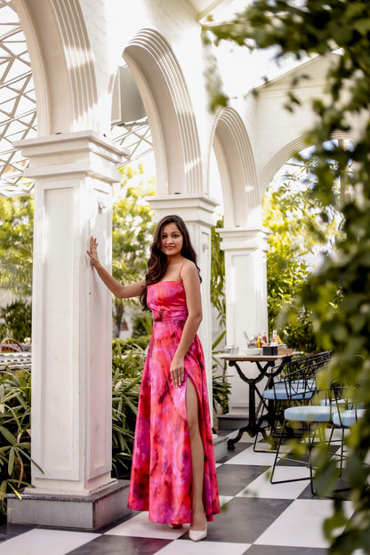 Cowl neck maxi satin dress in pink